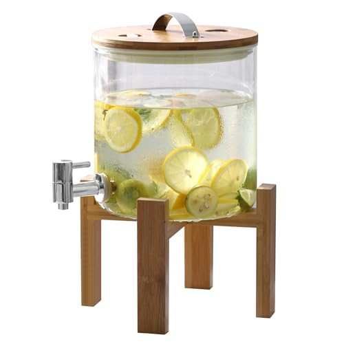 Dispensador De Bebidas de Vidrio,5L Jarra de Whisky con Grifo,Tapa y Soporte de Madera,Recipiente de Cristal,Bidón de Vidrio,para Fiestas y Eventos Sociales Vino,Licor,Limonada,Jugo