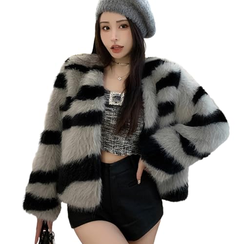 Oxxggkao Abrigo corto de manga larga para mujer, con frente abierto, de piel sintética, abrigo, cálido, para invierno, de forro polar mullido, gris, Talla única