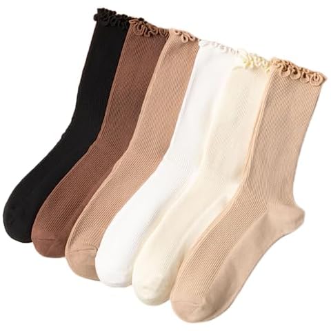 MarJunSep Women's Cute Ruffle Frilly Socks Neutral Thin Cotton Knit Crew Socks Ribbed Slouch Lettuce loafer Socks 6 Pairs Cover