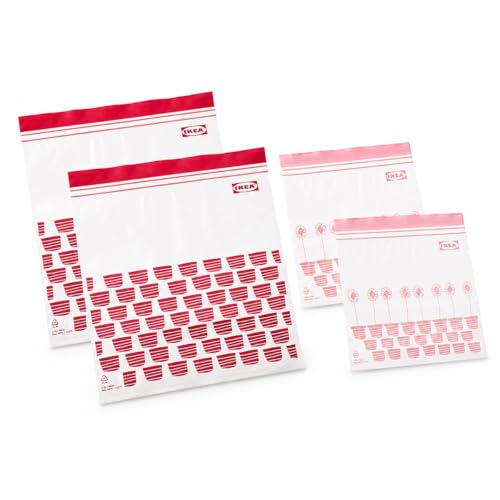 Ikea ISTAD 2.5L & 1.2L Medium Double-Seal Freezer Food Bags Red/Pink Print 1qt & 3qt 805.256.74 - Set of 100 Bags