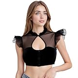 Hanraz Dirndlbluse schwarz, Dirndlbluse Damen Flügelärmel Chiffon Dirndl Bluse | Mit V-Ausschnitt Zum Knöpfen Schwarz Weiß Sexy Trachten Trachtenblusen Transparent Trachtenmode Für Oktoberfest S-XXL
