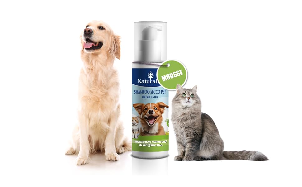 Naturalus Shampoo Antiparassitario Per Cani e Gatti a Secco Naturale Antipulci Antirepellente, Pelo Lucido, Ammorbidente Profumato Tutte le Razze ed Età NO Alcool Elimina parassati