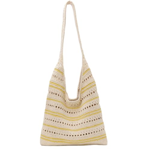 Image of unisoul Striped Knitted Beach Bag for Women，Crochet Tote Bag with Zipper and Lining, Boho Summer Shoulder Bag for Holiday Travel, Lightweight Aesthetic Mesh Handbag, Foldable Shopping Bag, Yellow