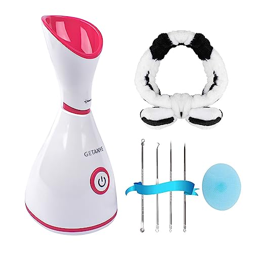 GETANYE Nano Ionic Face Steamer - 10X Penetration for Facial, Unclogs Pores, Moisturizing Spa Humidifier with Free Blackhead Remover Kit, Hair Band, Face Brush