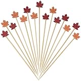 Minisland Red and Orange Maple Leaves Cocktail Picks, 5 Inch Long Bamboo Fancy Toothpicks for Appetizers, Decorative Fall Thanksgiving Party Food Drinks Garnish Fruit Skewer Sticks 100 Counts -MSL424