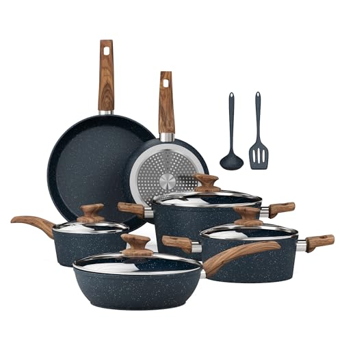 Image of Kitchen Academy Blue Pots and Pans Set Non Stick, 12Pcs Induction Cookware | Premium die-cast aluminum, nonstick granite coating, fast heating, easy to clean, PFOA & PFOS free, toxic-free cooking