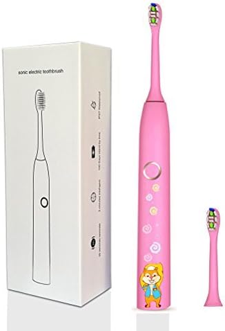 Sonic Toothbrush For Kids 6-12 Years Geekerbuy Electric Toothbrush Rechargeable 100 Days Use IPX7 Waterproof Toothbrush with 2 Replacement Heads (Pink)