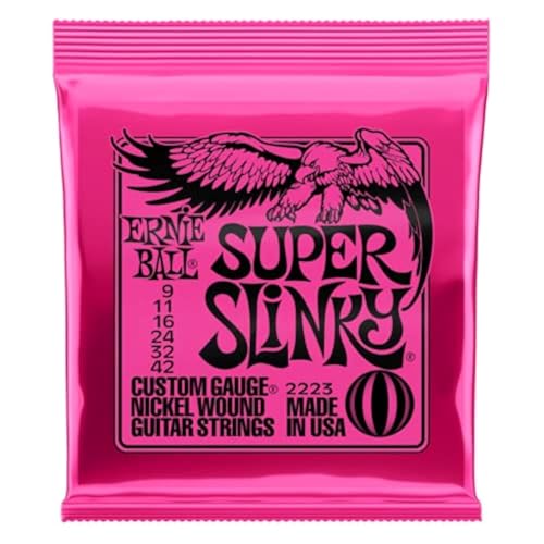 Ernie Ball Super Slinky Guitar Strings - includes 6 free Giocoso plectrums