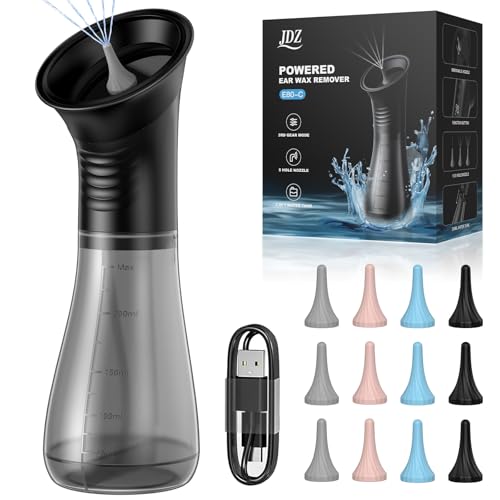 Oorsmeer verwijderaar 2000 mAh, JDZ oorreiniger voor volwassenen met dubbele tank, oorreiniging met 12 oordopjes, ooraanzuigapparaat met 3 reinigingsstanden voor volwassenen, zwart
