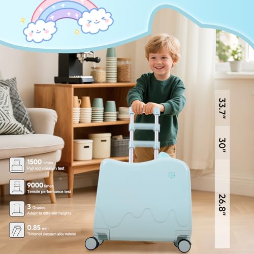 20 inch Ride On Hardshell PC Luggage for Kids, 3 Level Height Handlebar 360° Silent Spinner Wheels kid Luggage,Adorable Handrail Spacious Interior Suitcases for Children (Blue with Cute Handrail) 6