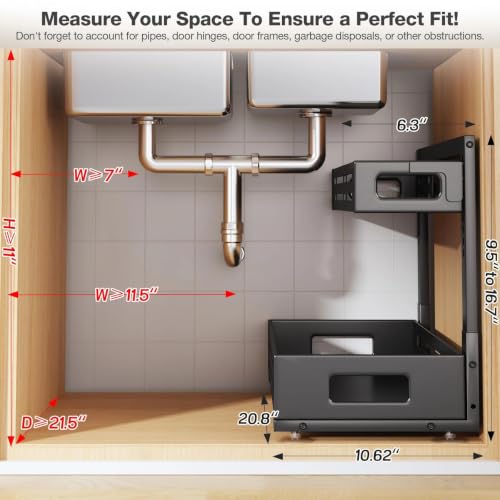 Image of 2 Pack 21IN-Depth Under Sink Organizer,Pull Out Cabinet Organizer With Smooth Cylindrical Rail,Metal Slide Out Drawer for Kitchen Bathroom Laundry,8-Level Tool Free Height Adjustable-Black