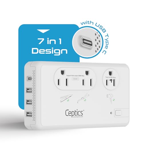 Image of Ceptics 220V to 110V Travel Voltage Converter for Hair Dryer, 2000W & 200W outlets for Dryers, Curling Iron, Straightener, Chargers, Step Down, 4 USB Ports (1x USB-C) with 6 SWadApt attachments