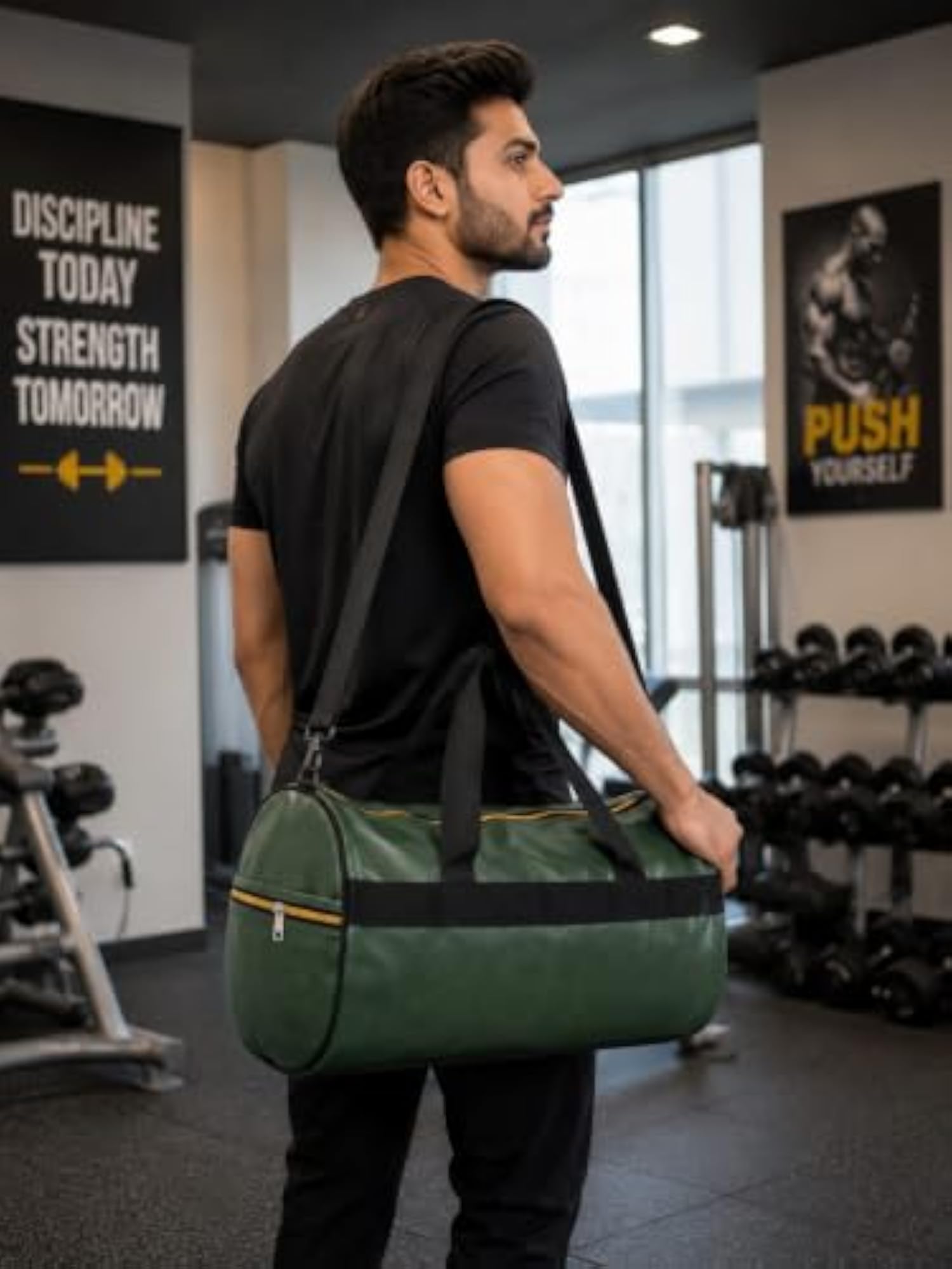 Green Faux Leather Duffle Bag, Shoulder Strap