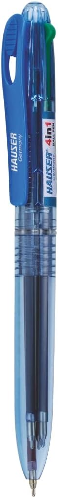 Hauser 4 In 1 Retractable Ball Pen Box Pack | Durable Transparent Body | 4 Ink Colors In One Pen | Low Viscosity Ink System | Acu Flow Writing System | Blue, Black, Red & Green Ink, Pack Of 4