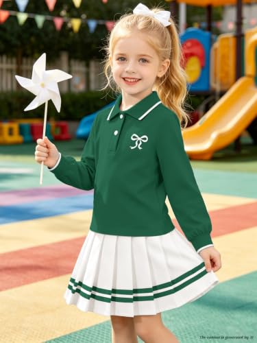 Image of Betusline Girls Long Sleeve Polo Skirt Set Kids Preppy Uniform Outfit,4-14Y