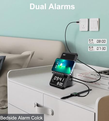 AFK Wireless Charging Station with Bluetooth Speaker and Alarm Clock,Wireless Charger Compatible with iPhone,Android Phones(Black) - Image 5