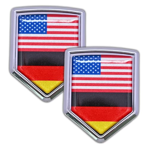 2-Pack USA and Germany Flag Car Chrome 3D Emblem Decal Stickers, Aluminum Alloy Shield Shape, for Cars, Trucks, SUVs – Easy Peel and Stick, Durable, Ideal for USA-Germany Relations