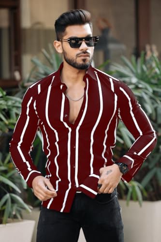 Image of MiraMichi Men's Striped Slim Fit Lycra Shirt | Full Sleeve Stretchable Shirt | Trendy Black and White Vertical Stripes for Casual