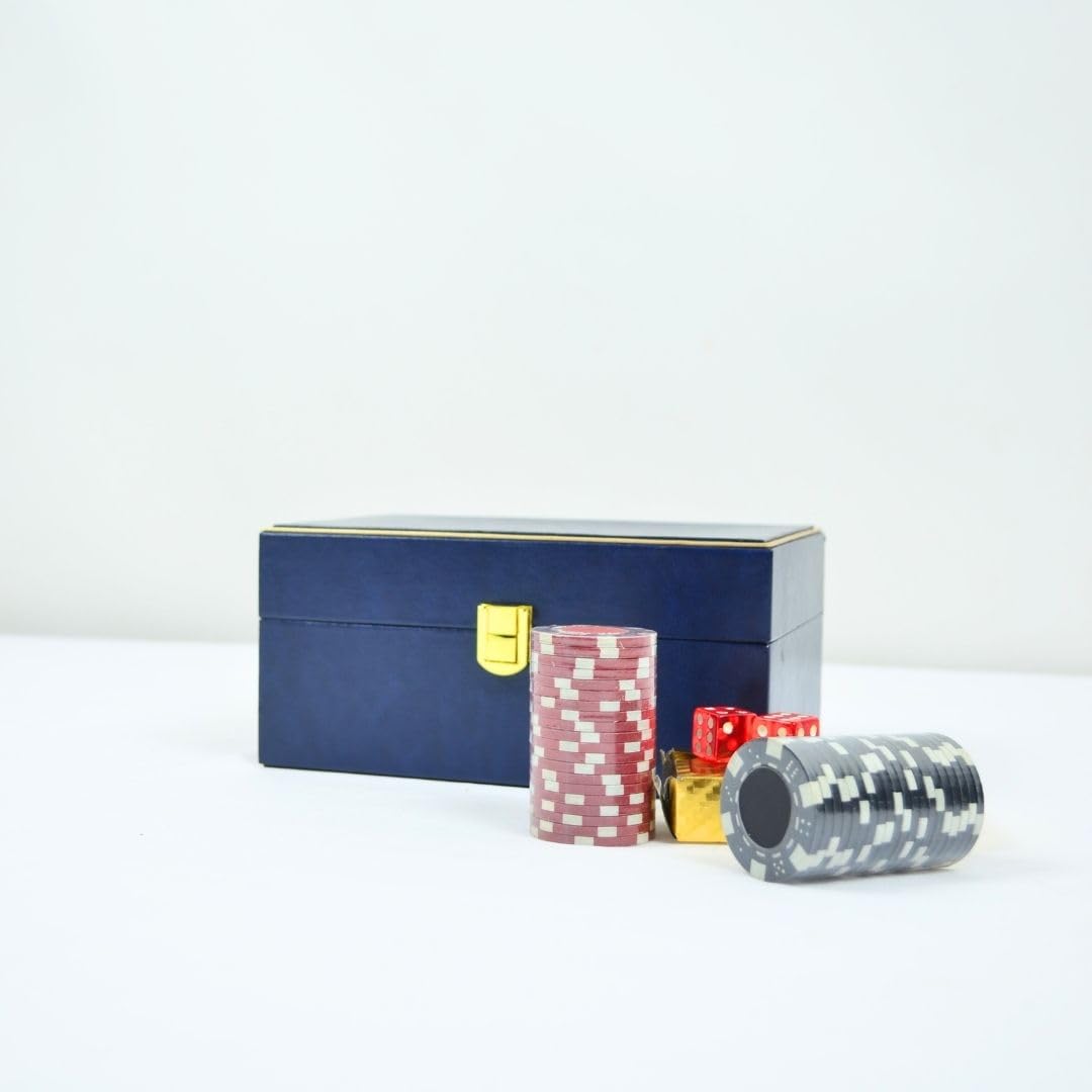 CasaGold Elliot Poker Game Set Adult | 2 Dice, PU Leather Box,Cards & Multicolor Chips | Personal Enjoyment | Stylish Gift | Home Party Used Gifts | Adult Games (Single Decker Delight Poker Set, Blue)