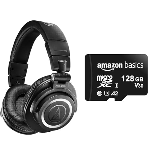 Audio-Technica M50xBT2 Kabelloser Kopfhörer Schwarz & Amazon Basics – MicroSDXC-Speicherkarte, 128 GB, mit SD-Adapter, A2, U3, 100 MB/s max. Lesegeschwindigkeit, Schwarz