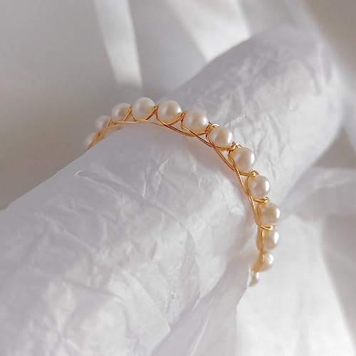 Bracelet jonc acier mémoire perles eau douce et fil plaqué or artisanal