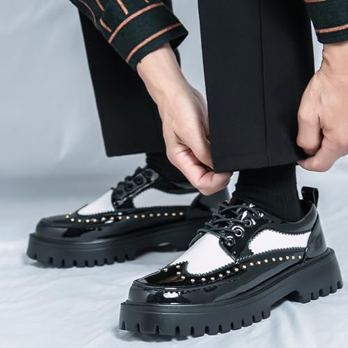 Image of Men's Patent Leather Platform Wingtip Oxford Shoes with Rivets Round Toe Lace Up Lug Sole Brogue Dress Shoes Comfortable Business Work Causal Derby Oxfords