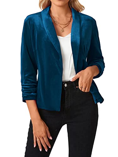 Mintlimit Women's Velvet Blazer 3/4 Ruched Sleeve Jacket Shawl Lapel Open Front Casual Blazers Jackets Dark Blue #TOP27