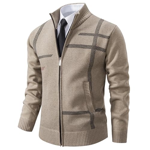 Men's Cardigan Sweaters Full Zip Up Stand Collar Slim Fit Casual Knitted Sweater with 2 Pockets Stripe Knit Cardigan