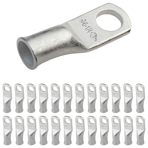 Image of SELTERM 25pcs 6 AWG 1 /4 inch Stud Marine Grade Tinned Copper Battery Cable Lugs | Heavy Duty Copper Battery Cable Lugs, 6 Gauge Ring Terminals, UL Wire Lugs Electrical Battery Cable Ends, Terminal Connector