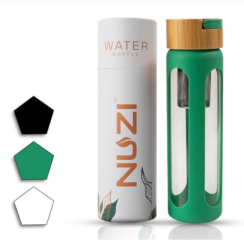NUZI Glass Water Bottles with Stainless Steel Fruit Infuser | Insulated Water Bottle | Reusable Glass Water Bottles with Silicone Sleeve & Bamboo Lid | BPA Free and Leakproof | Sea Green | 1 Pc