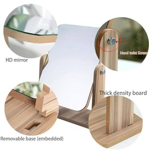Image of Basto Wooden Tabletop Makeup Mirror - 360 Rotating Adjustable Vanity Desk Mirror, Portable for Bathroom, Bedroom, Living Room, Shaving & Makeup (Small)