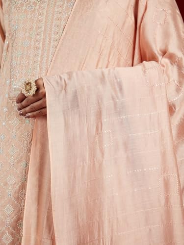 Image of Libas ART Womens Embroidered Silk Blend Straight Kurta With Trousers and Dupatta | ethnic wear | bridal suit | wedding dress | occasion wear