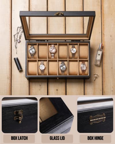 Image of Watch Box, Watch Case for Men Women with Large Glass Lid, Wooden Watch Display Storage Box with 12 - Slots, Charcoal Black Mens Watch Box Organizer