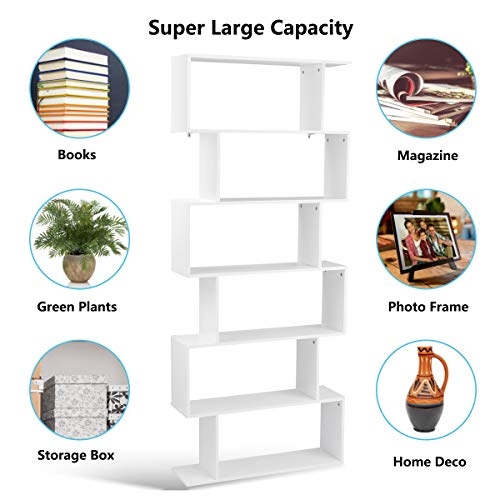 Tangkula 6 Shelf Bookcase, Modern S-Shaped Z-Shelf Style Bookshelf, Multifunctional Wooden Storage Display Stand Shelf For Living Room, Home Office, Bedroom, Bookcase Storage Shelf (1, White) #TOP5