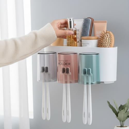 Image of Srxes Wall Mounted Toothbrush Holder, Bathroom Toothbrush Organizer with Mouthwash Cups, Brush Holder for Bathroom Wall Mounted, Tooth Brush Holder Bathroom, Toothbrush Holders for Bathroom Wall