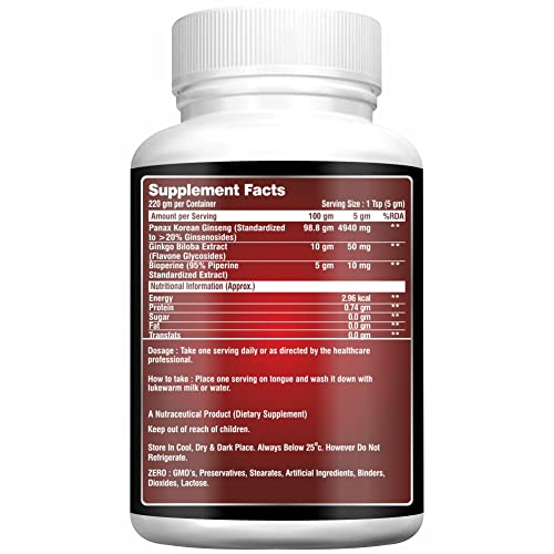 Ginseng Powder, Panax Korean Red Ginseng Standardized Organic Root Extract With Ginkgo Biloba, And Bioperine As Dietary Supplement To Boost Energy- 220 GM (Pack 1)