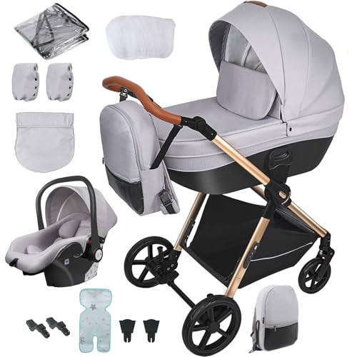 Reenborn Carrito Bebe 3 en 1, Carro Bebe con Dos Modos de Empuje Reversibles, Cochecito Bebe 3 Piezas con Marco de Aluminio, Carricoche Bebe con Diseño Plegable con Un Solo Clic (H2 Light Grey)