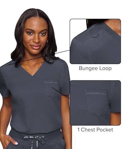 Image of Med Couture Women's V-Neck Scrub Top, Modern Fit Tuck-in Top with Stretchy Rib-Knit Shoulders and Chest Pocket - MC7448