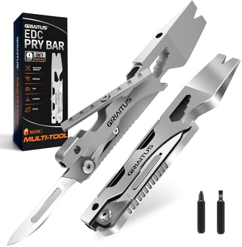 Multitool Pry Tool EDC Pocket Pry Bar with Multitool Bottle Opener Nail Puller Versatile Crowbar with Box Opener, Hex Wrench, Screwdriver for Everyday Carry, Cycling Camping