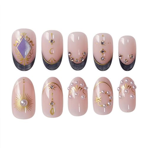 Image of French Tip Press on Nails Gold Fake Nails with Pearl Design Nude Glue on Nails Medium Almond False Nail Glossy Full Cover Artificial Acrylic Glitter Stick on Nail for Women Girls Manicure 24Pcs