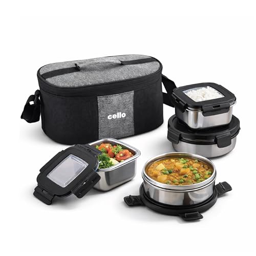 Image of CELLO Duet Set of 4 Pcs Stainless Steel Lunch Box with Bag for Office Use, Black | 2 x 400ml Round, 2 x 400ml Square Steel Containers with Fork & Spoon, Leak Proof Airtight Steel Tiffin Box for Travel