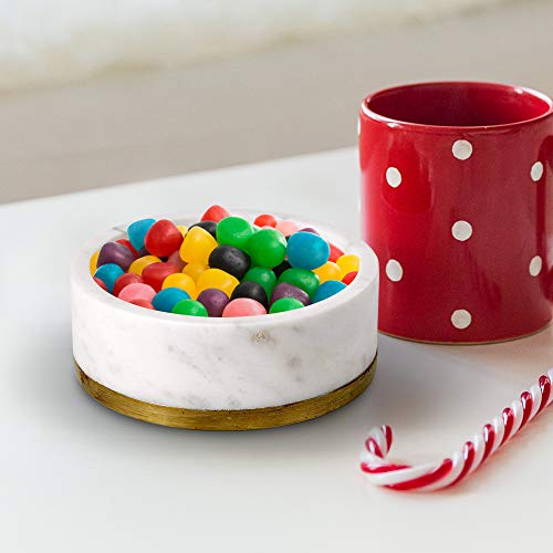 Serene Spaces White Marble Bowl with Brass Ring - Decorative Multi-Purpose Centerpiece and Fruit Bowl - Medium Size, 2" Tall x 6" Diameter by Serene Spaces Living - Used condition - US$22.20