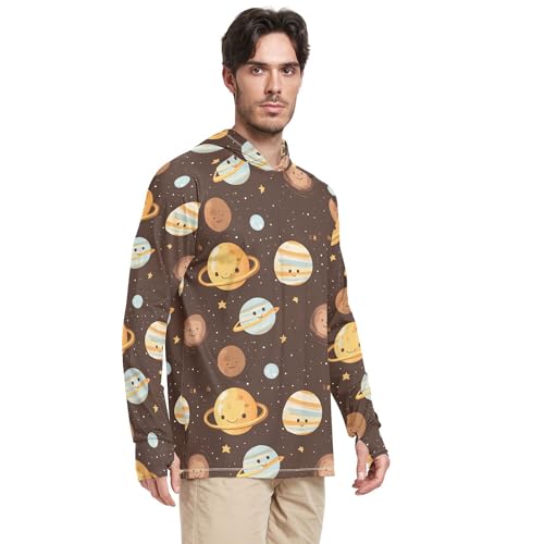 Wudan Cartoon Outer Planets Alphabet Brown Mens Hoodies Shirts Long Sleeve Adult Rash Guards Fishing Shirt UPF 50+ S2