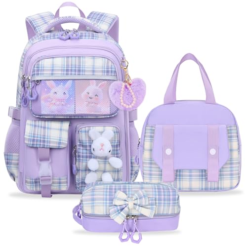 PIKBEAR Girls Backpack Set Kid School Backpack with Lunch Bag and Pencil Case Cute Rabbit Bookbag for Elementary (Purple-Bunny)