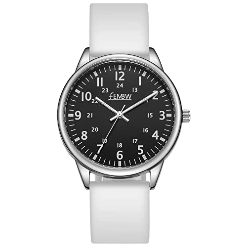 Uhren Damen Armbanduhr Damenuhr Silikonarmband Uhr Arabische Ziffern Analoge Uhr Quarzuhr Kleideruhr für Frauen Mädchen 50M Wasserdicht (Weiß/Schwarz/Fluoreszenzskala) Cover