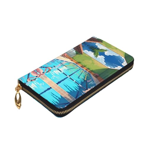 Leather Wallet 7.48 x 4.13 in - Stylish and Durable Wallet for Women with Multiple Compartments and Zipper Design Flamingo and swimming pool Pattern3