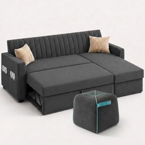 Image of CASASTYLE Kyagar 5 Seater RHS L Shape Sofa with Pull Out Bed, Storage Lounger & Suri Pouf Ottoman | Soft Velvet Suede Fabric | Comfort Cushions | Ideal for Living Room, Hotel & Office (Dark Grey)