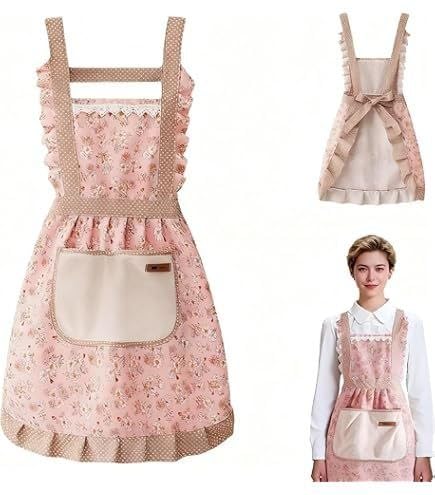 Aesthetic Floral Apron Cottagecore Style with Polka Dot Trim & Ruffle Design for Women | Retro Pinafore Kitchen Apron | Random Color | Pack of 1-image-7