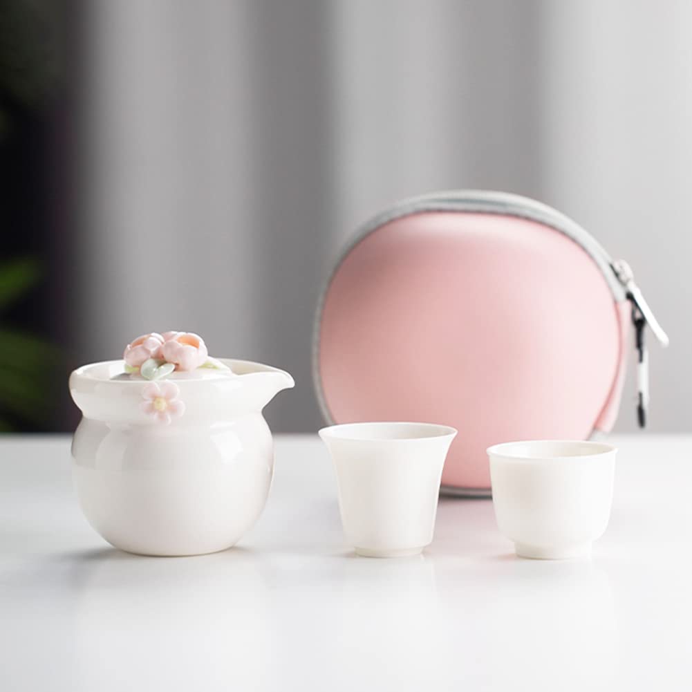 XIUWOUG Handmade Portable Teapot Set With Bag/Case,Ceramic Travel Tea Set for One,Tea Pot Set with Tea Cups, Tea Accessories for Tea Lovers,White