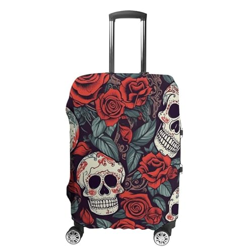 Sugar Skulls And Red Roses Elastic Luggage Cover Suitcase Protector for 19-32 Inch Suitcases | Universal Stretchable Travel Bag Cover | Anti-Scratch, Washable with Zipper Closure S